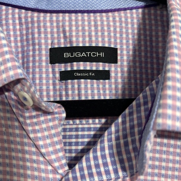 Bugatchi Classic Fit Men’s Dress Shirt 100% Cotton Blue & Pink Plaid - Picture 3 of 4